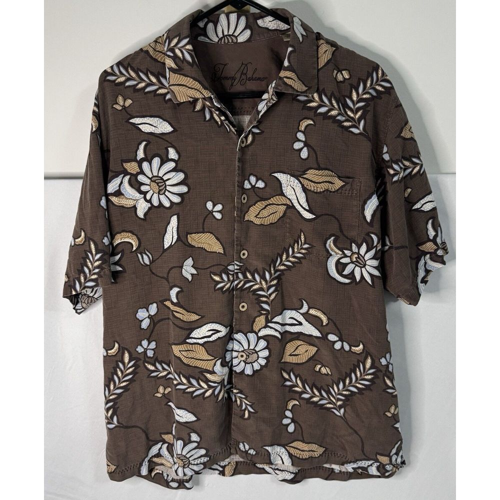 Tommy‎ Bahama Mens L Brown Floral Print Short Sleeve Button Up Silk Shirt - Picture 3 of 6